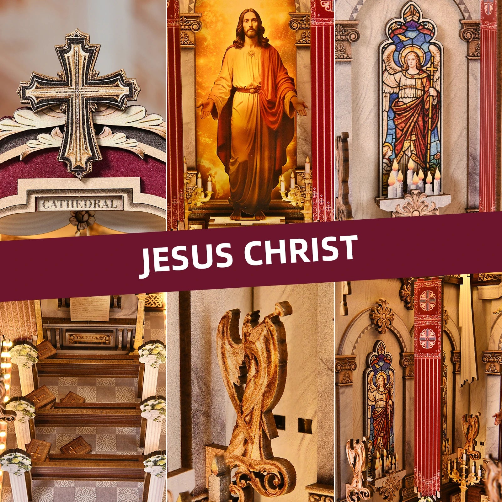 Book Nook Kit Cathedral DIY 3D Puzzle Classic Wooden Nativity Scene Ornament Bookshelf Dollhouse Model Bookend Building Home Dec